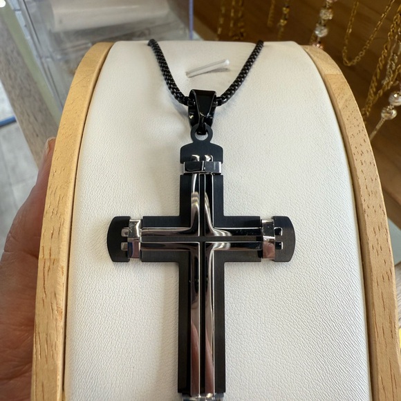 Black and Silver Cross Pendant Necklace - Picture 1 of 11